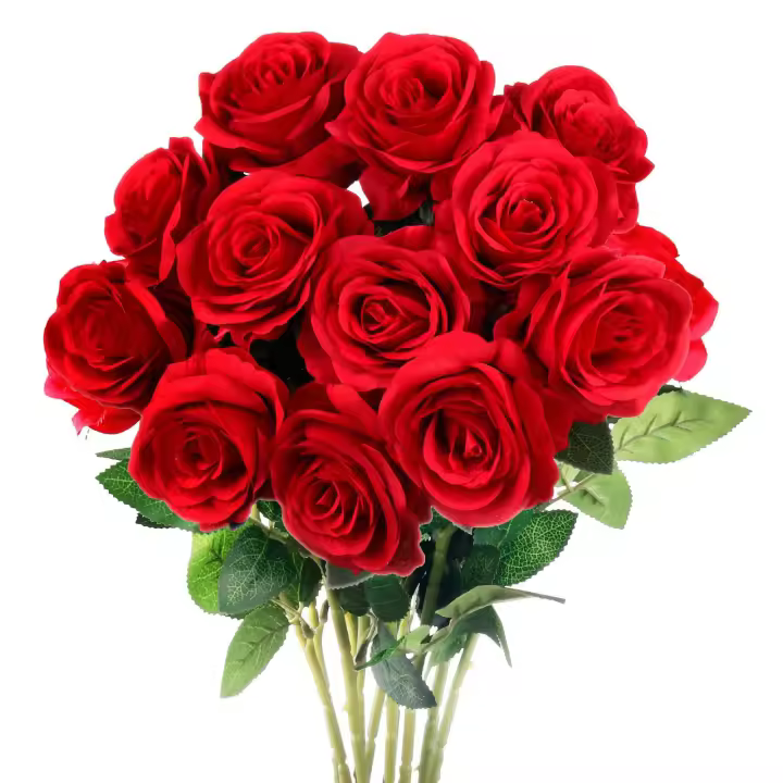 12 Flores Artificiales de Rosas Rojas de Seda with Tallo Largo, Flores Artificiales Ramo de Rosas Falsas para Bodas Despedidas de Soltera Hogar Jardín Centros de Mesa Decoración - 1