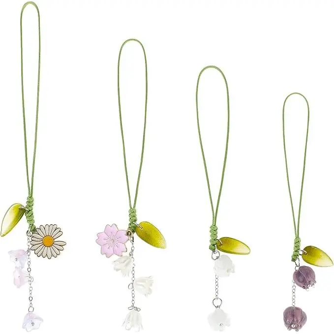 Colgante para teléfono móvil, 4 unidades, flor de tulipán, correa de encanto para teléfono móvil, llavero, cordón, cadena de tulipán, adorno para teléfono móvil, collar y joyas - 1