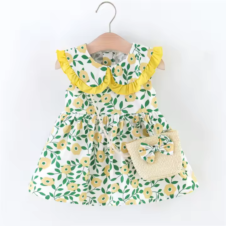 Conjunto De Vestido Y Bolso Para Bebé Niña Verano Estampado De Flores Sin Mangas Cuello Alto Princesa Ropa Infantil Talla True Fit - 1