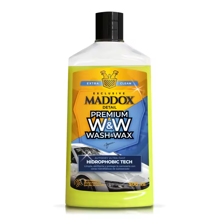 Maddox Detail – Premium Wash & Wax - Champú Auto Secado. Ceras hidrofóbicas para un Brillo Superior. Sin Necesidad de Secado, Máxima concentración, 500 ml - 1