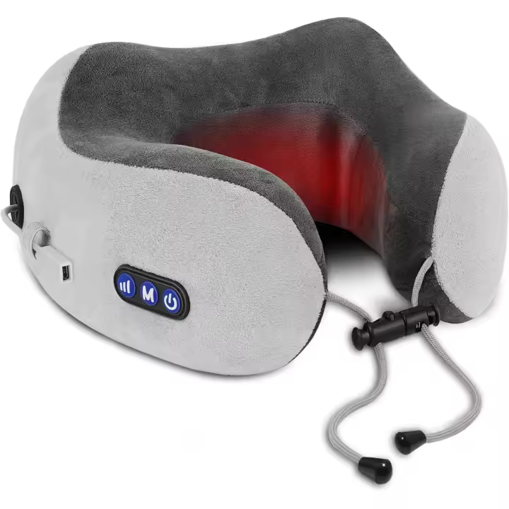 Cojín cervical de viaje/masajeador cervical Eléctrico con función de calor, almohada de espuma viscoelástica para aliviar el dolor de Cuello, cojín de soporte Cervel para Avión, Coche, oficin, Gift (GRIS) - 1