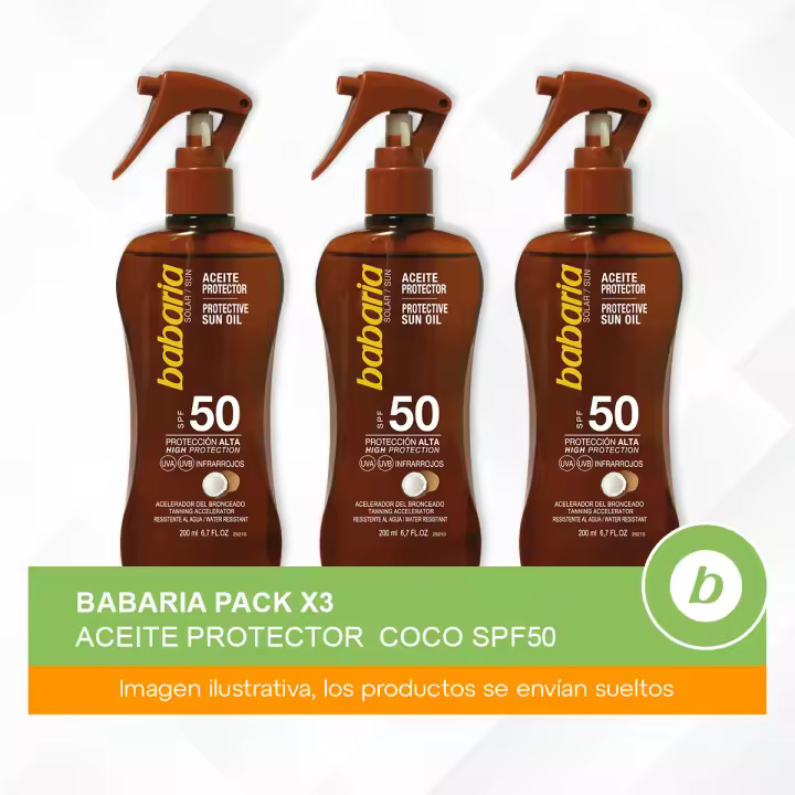Babaria Pack 3x Aceite Protector Coco SPF50: Protección Solar, Potenciador del Bronceado y Absorción Inmediata para una Piel Perfecta - 1