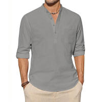 Camisa De Algodón Y Lino Para Hombre Manga Larga Estilo Casual Para Playa Camiseta Henley Con Bolsillo Top De Vacaciones Streetwear - details 1