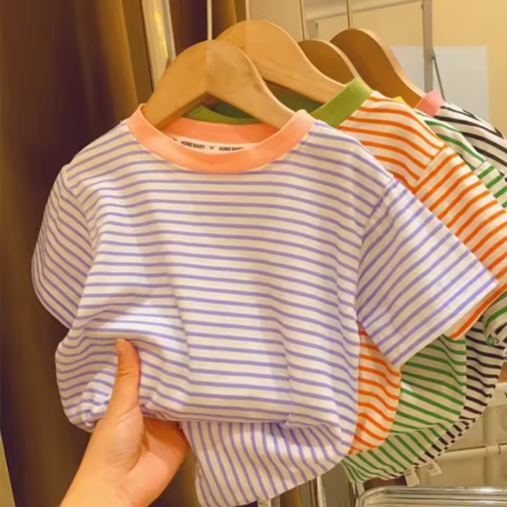 Camiseta De Verano Para Niños Y Niñas Con Rayas Corta Transpirable Y Cómoda Para Actividades Diarias Talla True Fit En Colores Variados - 1