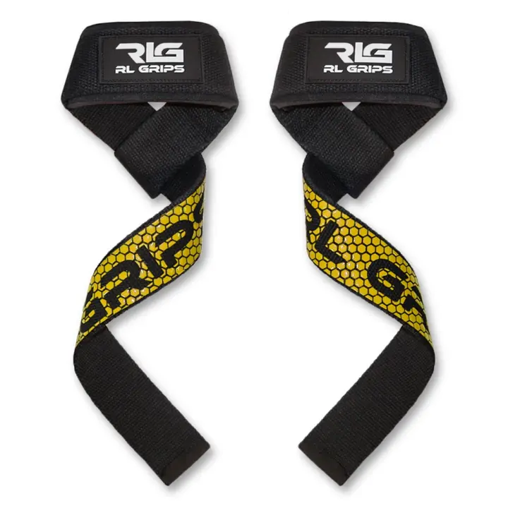 RL Grips® Straps Gym para Levantamiento de Pesas y Powerlifting - Correas de Agarre Fitness con Grip de Silicona para Gimnasio Acolchado - Agarraderas de Entrenamiento para Peso Muerto, Jalones, Remo - Rojo, Amarillo, Gris, Rosa, Azul y Blanco - 1