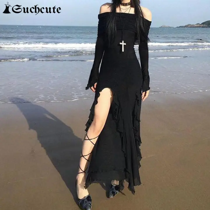 SUCHCUTE Vestido Largo Elegante De Encaje Con Abertura En El Hombro Para Mujer Color Negro Manga Larga Fiesta Playa Vacaciones 2024 - 1
