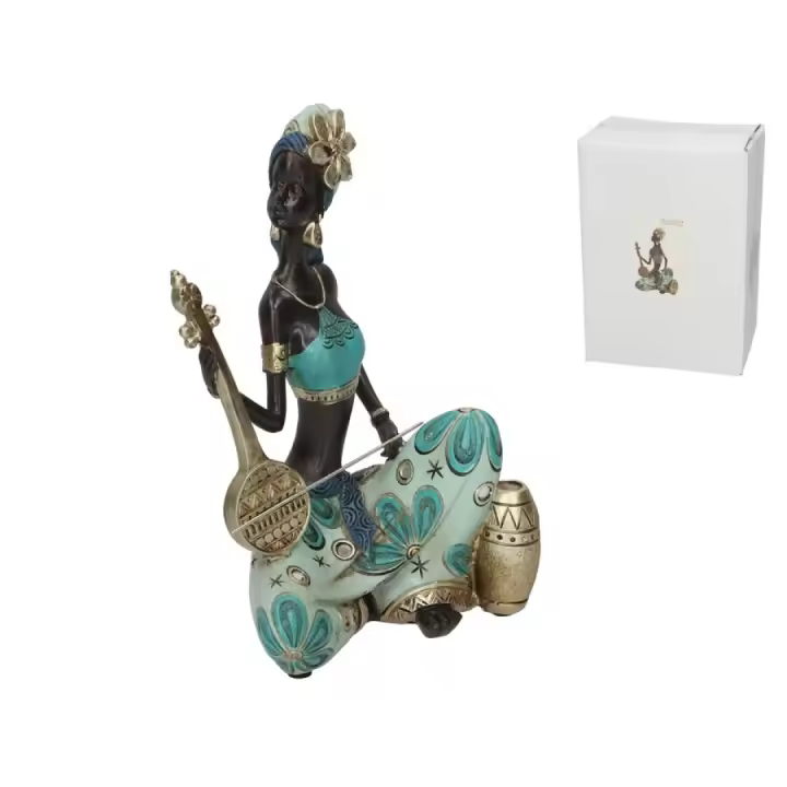 Gissed - Figura Decorativa de Mujer Africana con Instrumento, Diseño Elegante y Cultural, Ideal para Decoración de Hogar, Sala u Oficina, Estilo Étnico con Detalles en Dorado y Azul, Fabricada en Resina de Alta Calidad, Representación Artística Única. - 1
