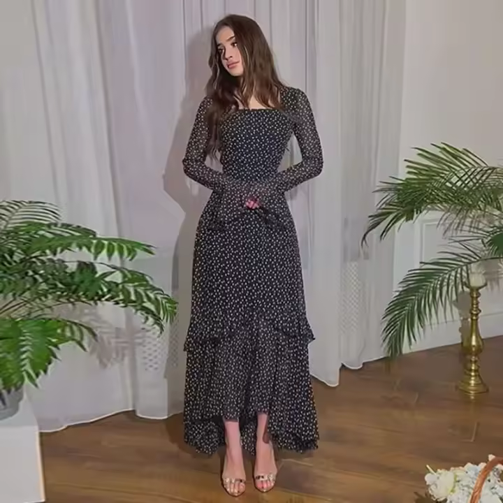 Vestido Maxi De Mujer Elegante Y Fresco Con Puntos Asimétrico Y Manga Larga Detalles De Cinturón Slim A-Line De Chiffon - 1