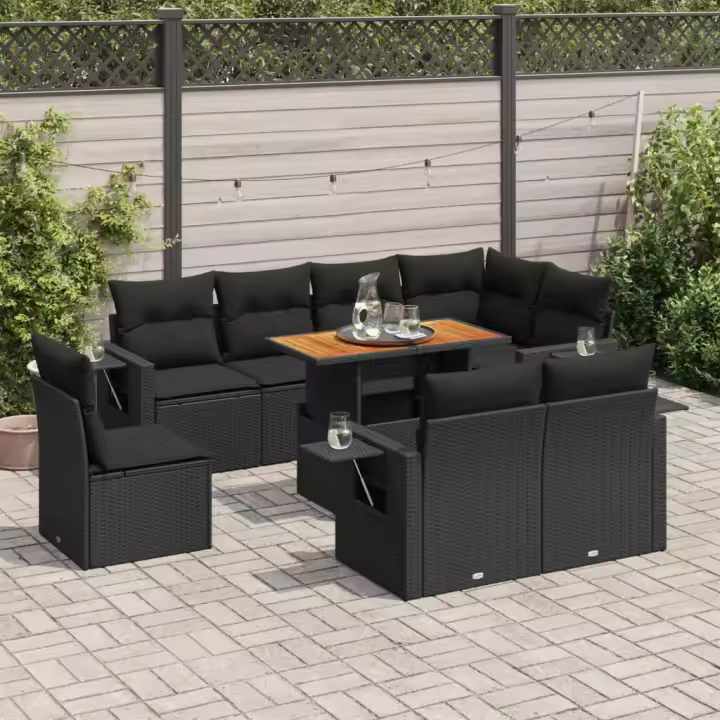 vidaXL Set de sofás de jardín con cojines 9 pzas ratán sintético negro - 1