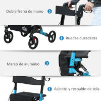HOMCOM Andador para Ancianos Plegable de Aluminio Andador para Personas Mayores con Asiento y 4 Ruedas Andador con Altura Ajustable Frenos de Maneta y Bolsa de Transporte Azul y Negro - details 5