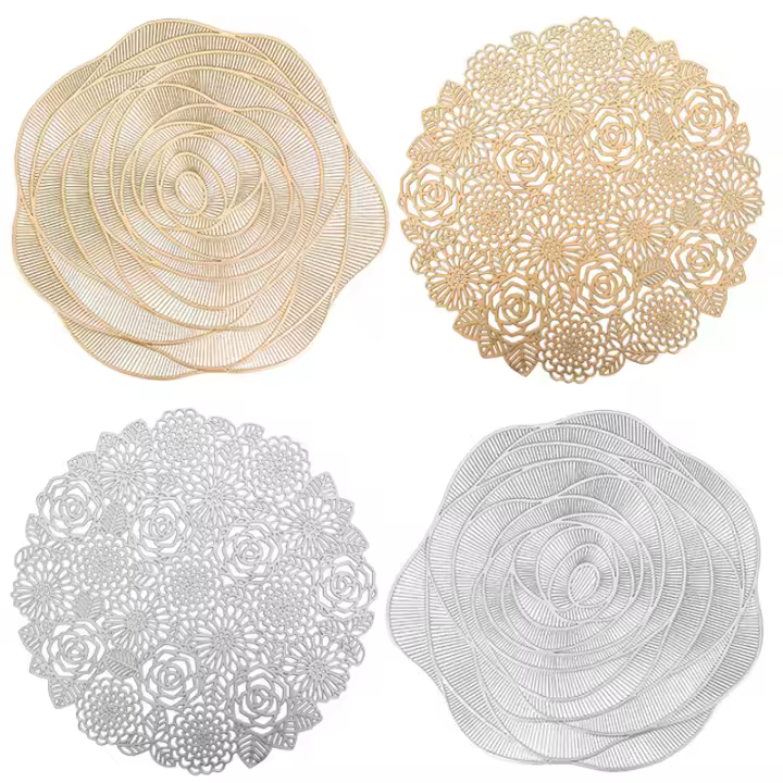 6 manteles individuales con diseño de Rosas, almohadillas aislantes del Calor, posavajos de lujo con estampado Dorado, manteles decorativos suaves de PVC, manteles individuales para Fiestas - 1