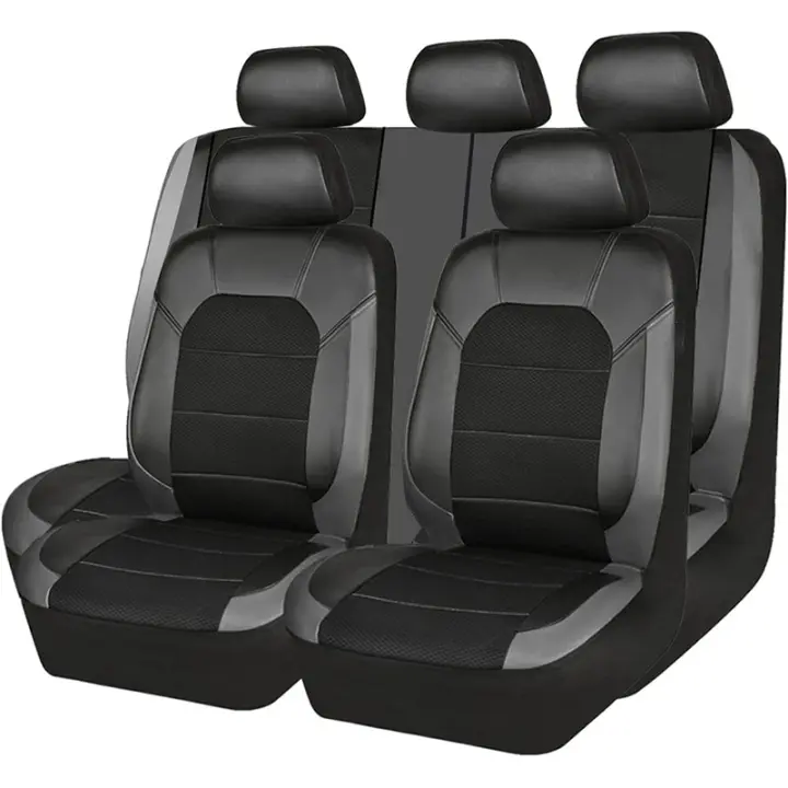 SSITO Funda de asiento de Coche de cuero Pu Universal, Canvas transdurable, cojín de asiento y asiento, Protección complete, 9 Unidades por juego - 1