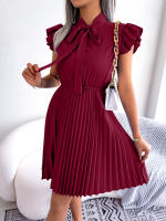 Vestido Elegante De Mujer Con Cintura Alta Y Volantes Para Primavera Y Verano Estilo Casual Collar Con Lazo Cuello Alto Y Mangas Batwing - details 11