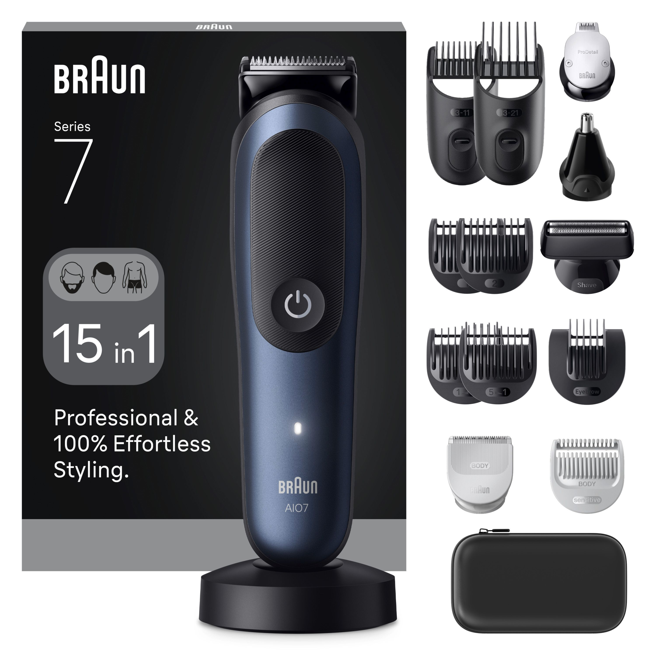 Braun Recortadora Todo en Uno Series 7 para Afeitado Masculino, Recorte Barba, Depilación Masculina, Corte de Pelo, Nariz y Orejas Láminas Ultraafilada, Resistente Al Agua y Recargable- Modelos AIO7540 y AIO7580, Producto Europeo con Garantía Oficial.