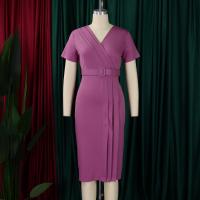 Vestido Elegante Para Oficina Para Mujer Con Cuello En V Manga Corta Cinturón Ajustado Recto Midi Formal Ropa De Negocios Para Mujer - details 9