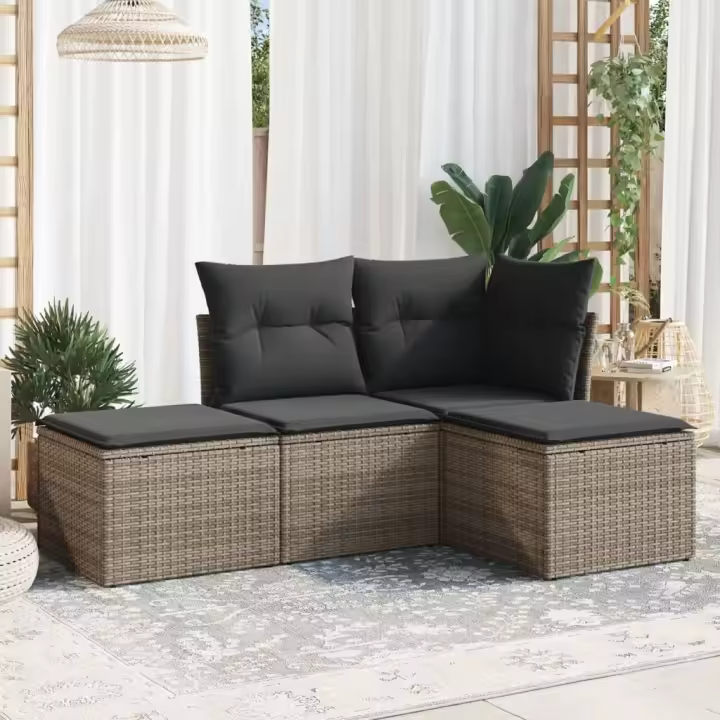 vidaXL Set de sofás de jardín 4 pzas y cojines ratán sintético gris - 1