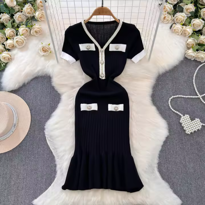 Vestido De Sirena Corto Con Mangas Y Cuello V Vintage REALEFT Para Mujer Knit De Verano Con Botones Cintura Alta Longitud De Rodilla - 1