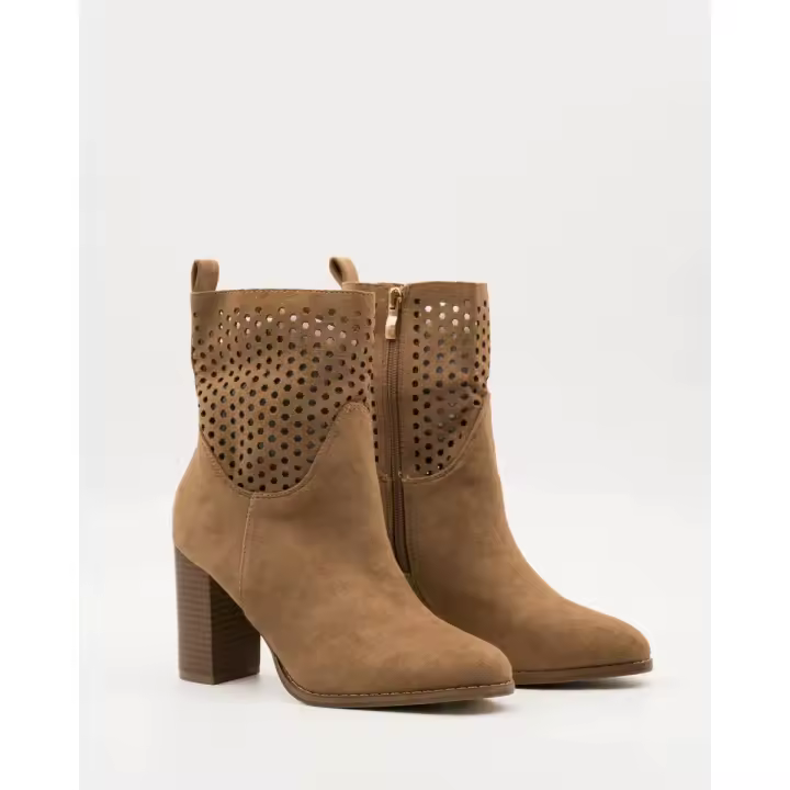 Botines beige perforados con tacón alto en imitación madera - 1
