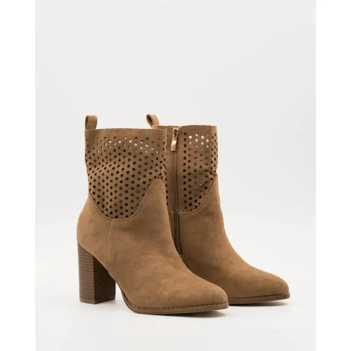Botines beige perforados con tacón alto en imitación madera - 1