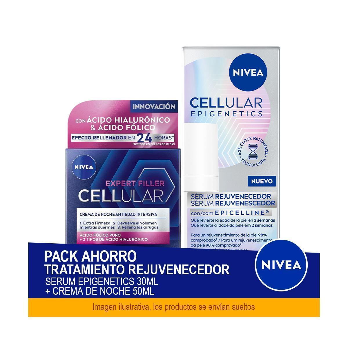 NIVEA CELLULAR Pack Ahorro Tratamiento Rejuvenecedor - Contiene Serum Facial Epigenetics 30ml + Crema de Noche 50ml