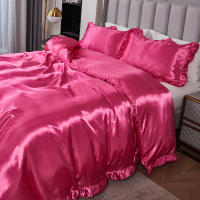Set De Edredón Satinado 3PCS Rosa Y Rosa Claro Seda Suave Con Volante Patrón De Lujo Colchón Funda De Edredón Moderno Para Cama - details 3