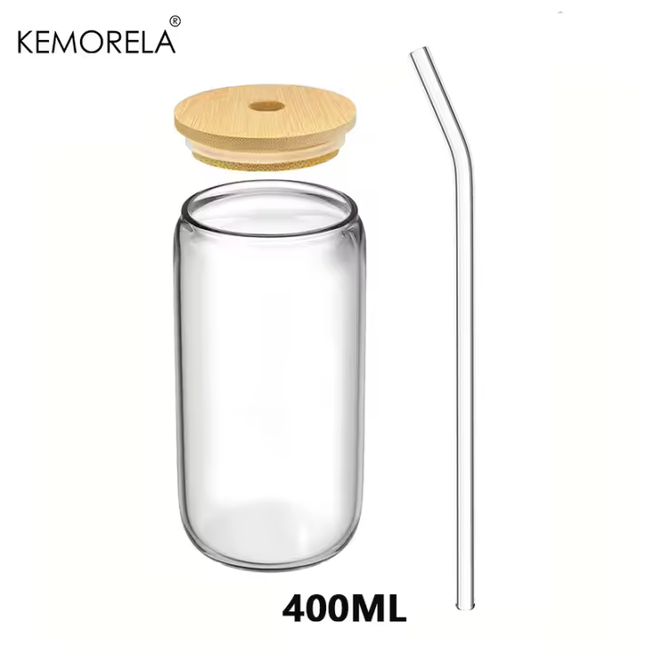 Vaso De Vidrio De 400ML Con Tapa De Madera Y Pajita Para Bebidas Jugos Cerveza Café Leche Transparente Para Fiestas - 1