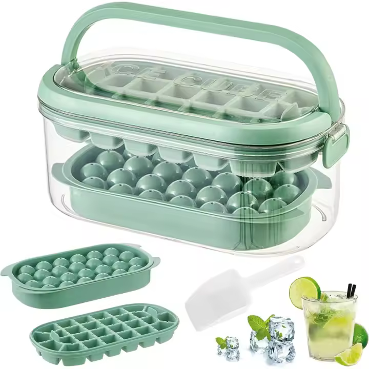 Bandeja para cubitos de hielo, con tapa extraíble a prueba de derrames y cubo de hielo, molde reutilizable de 2 capas, máquinas de cubitos de hielo, bebidas frías - 1