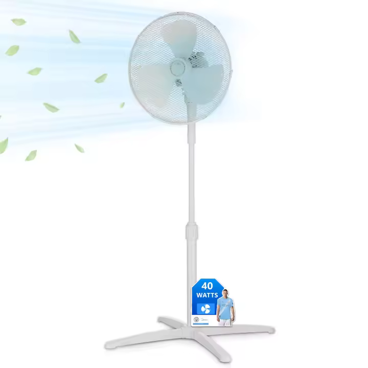 MIDEA Ventilador de Pie de 3 Velocidades - Ventilador Silencioso con Oscilación 90º y Altura Ajustable - Ventiladores de Pie con Flujo de Aire Potente 40m3/min, Ligero y Fácil transporte - 1 unidad - 1