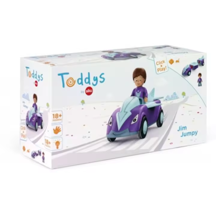 TODDYS - Jim Jumpy - Muñeco y coche desmontable en 3 piezas - Juguete elegante y diferente - Alta calidad - Mini figura - Mayores de 18 meses - Siku - 1