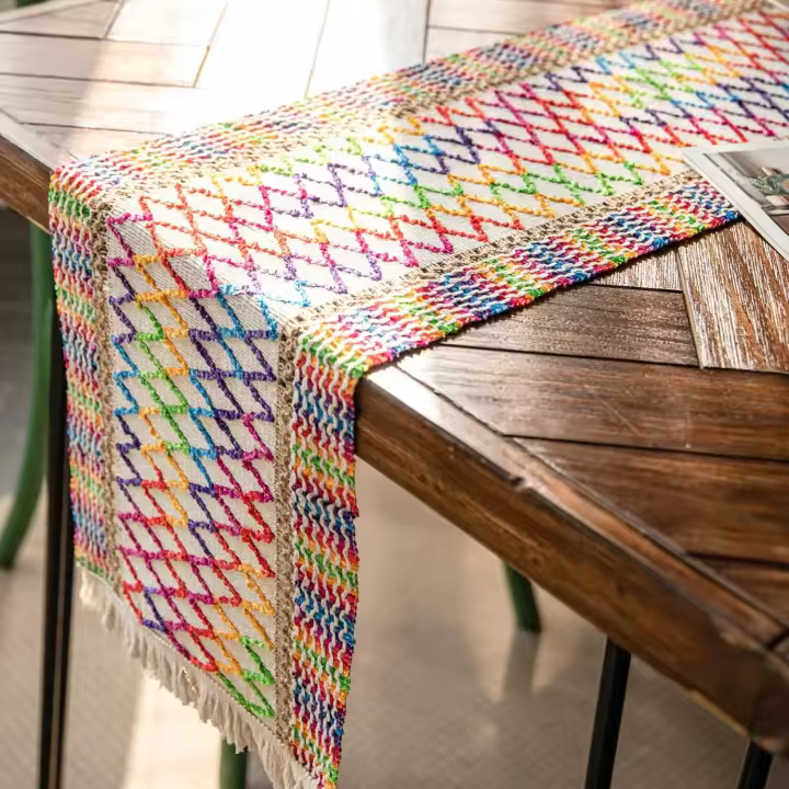 Camino de mesa colorido con borlas, hecho a mano, de algodón tejido, para cocina, comedor, mesa de fiesta, 30 x 180 cm - 1