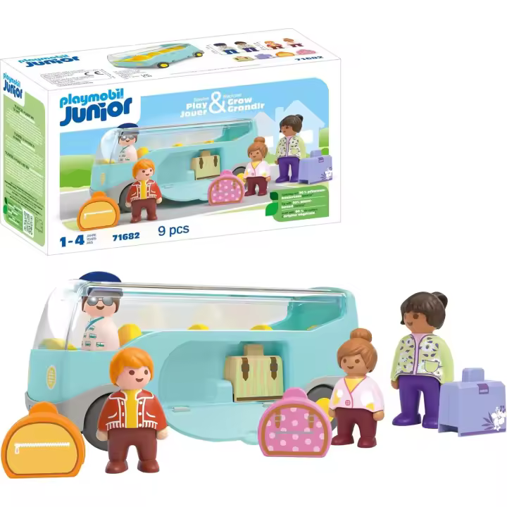 PLAYMOBIL Junior 71682 Autobús, Incluye Piezas de Equipaje y Cuatro Figuras, Juguete sostenible Hecho de plásticos a Base de Plantas, Juguetes para niños a Partir de 1 año - 1
