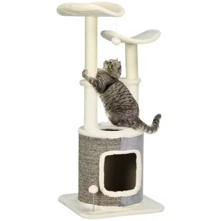 PawHut Árbol Rascador para Gatos Torre para Gatos Altura 110 cm con Caseta de Felpa Plataformas Postes de Sisal y Pelotas de Juguete 48x48x110 cm Crema y Gris - 1