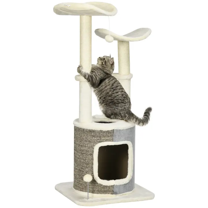 PawHut Árbol Rascador para Gatos Torre para Gatos Altura 110 cm con Caseta de Felpa Plataformas Postes de Sisal y Pelotas de Juguete 48x48x110 cm Crema y Gris - 1