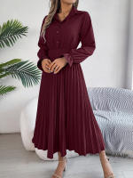 Vestido Largo De Primavera Verano Para Mujer Estilo Casual Color Sólido Cuello Polo Botones Mangas Flares Pliegues Centenares Vestido A-Line - details 5