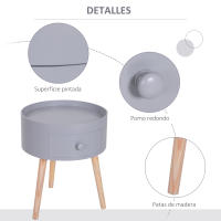 HOMCOM Mesita de Noche con 1 Cajón Mesa Auxiliar Redonda con Borde Elevado y 3 Patas de Madera para Dormitorio Sala de Estar Estilo de Moderno Ø38x45 cm Gris - details 3