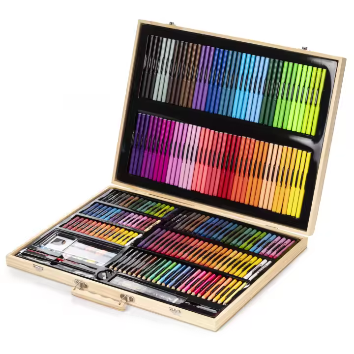 DAM Maletín madera  bellas artes completo de pintura y dibujo 180 piezas oleo,acuarelas, ceras,rotuladores, pastel y lapices con accesorios.  48x4,7x36,5 Cm. Color: Beige - 1