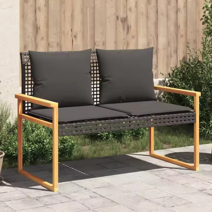 vidaXL Banco de jardín con cojín ratán sintético acacia en color Beige mezcla/Negro | acolchados duraderos para sofás de jardín terraza exterior - 1