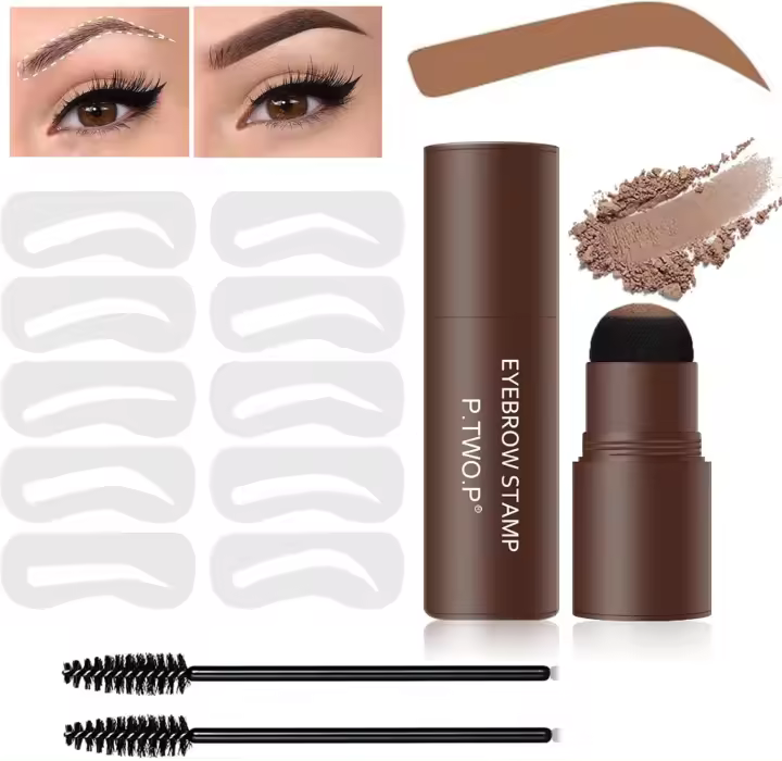 Kit de plantillas para cejas: Kit de modelado de cejas con sellos resistentes al agua, sombra en polvo 3 en 1 para la línea del cabello, herramientas de maquillaje con 10 plantillas reutilizables (marrón claro) - 1