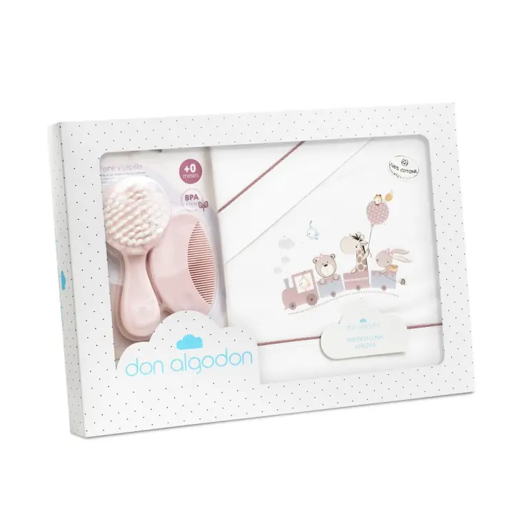 DON ALGODÓN | TRIPTICO CUNA 100% ALG. JIRAFA TREN+PEINE Y CEPILLO BLANCO-MAQUILLAJE - 1