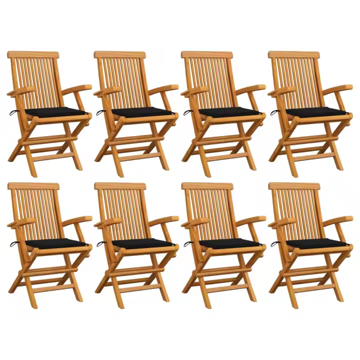 vidaXL Sillas de jardín 8 uds madera maciza de teca con cojines negros - 1