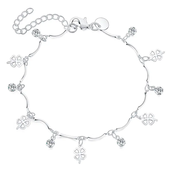925 Sterling Silver Zircon Lucky Grass Pendant Bracelet Chain for Women's Jewelry - 1
