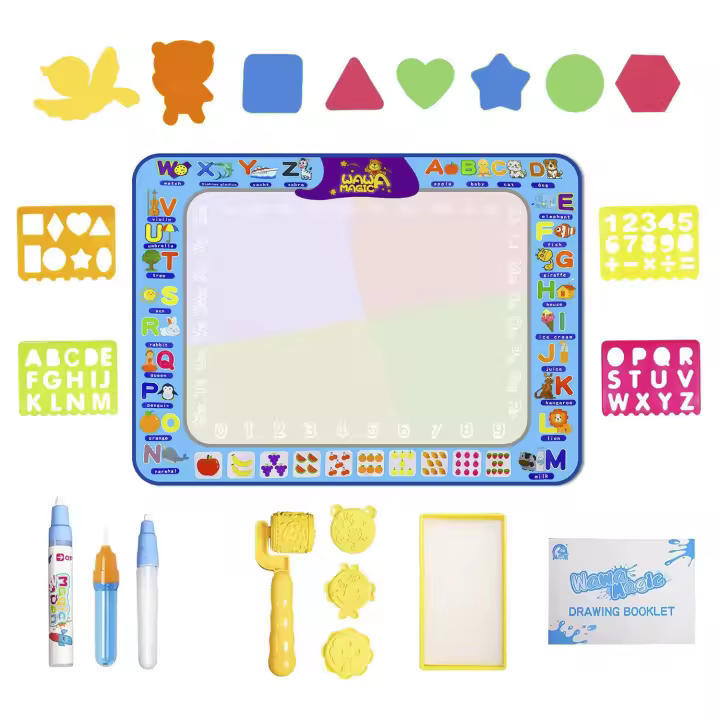DAM. Pizarra infantil para dibujar con agua de 98x74cm. Incluye 3 rotuladores de agua, plantillas de dibujo y escritura, tampones con formas y 8 figuras de EVA. 98x74x3cm. - 1