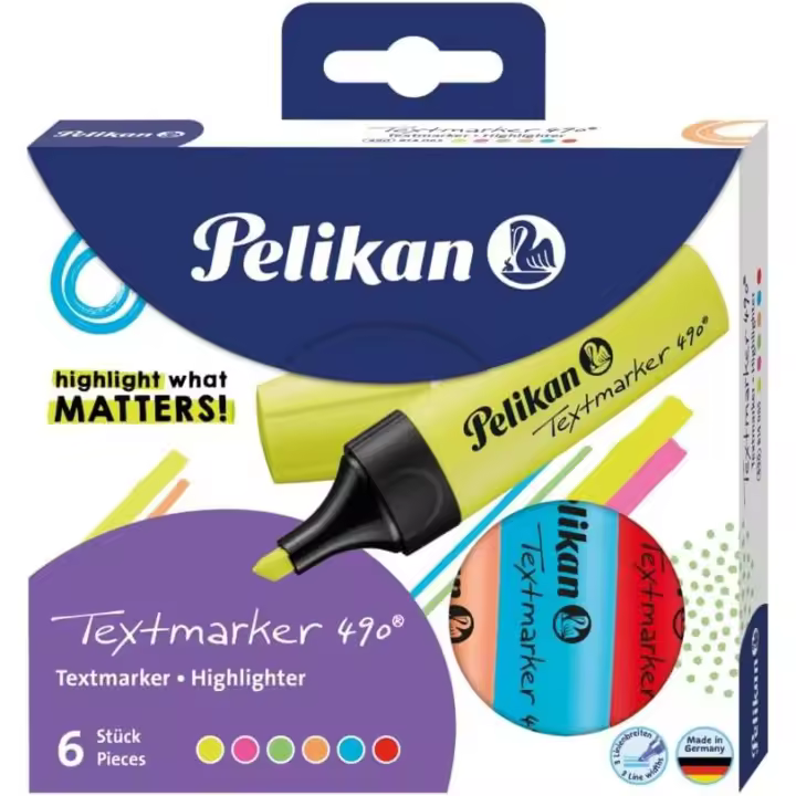 Pack 6 subrayadores Pelikan colores vivos - pack de 6 marcadores fluorescentes económicos de alta calidad - Disponible en pack surtido de 6 colores vivos: amarillo, verde, rojo, naranja, rosa y azul - Especial vuelta al cole 2025 - 1