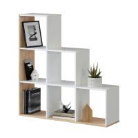 Meimon Estantería STEP 110x108x28 cm en tablero de partículas melaminizado TIPO E1, cantos PVC y melamínicos, color Blanco Ark y Roble Canadian, 6 huecos, tacos ABS antirayaduras, uso decorativo o como separador de ambientes, soporta hasta 20 kg. - details 2