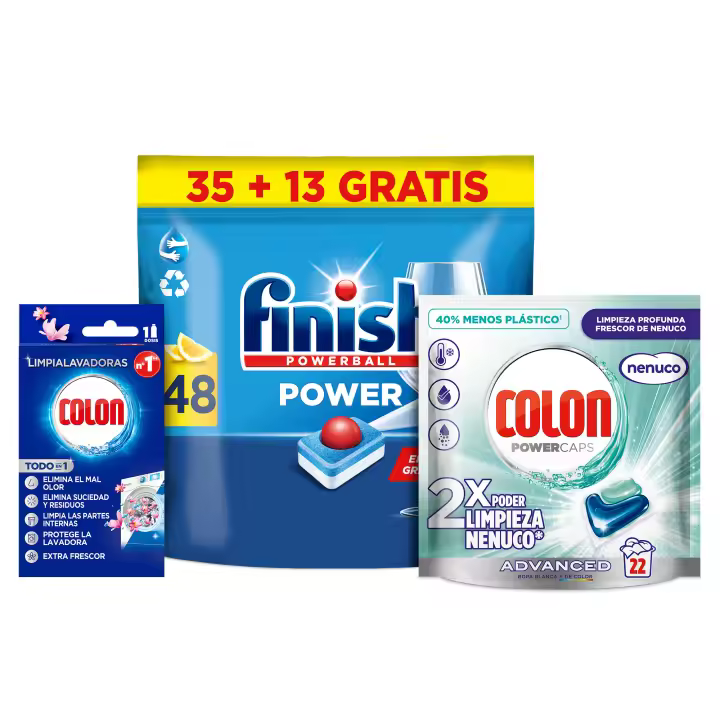 Finish Powerball All in One Limón 48 pastillas + Colon Limpialavadoras 250 ml + Colon Powercaps Nenuco 22 cápsulas | Pack limpieza total para lavavajillas y ropa, desengrasante, frescor, eliminación de manchas y mantenimiento de lavadora - 1