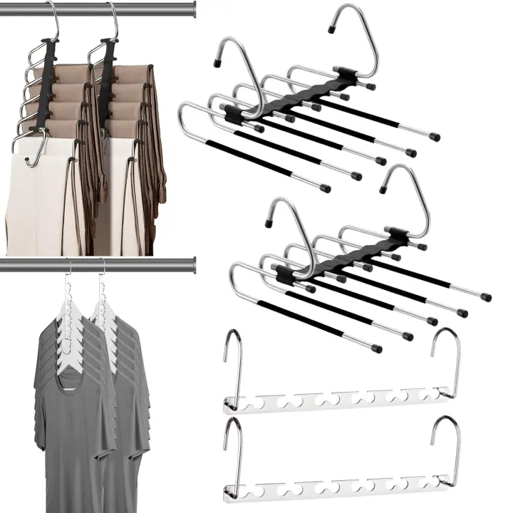 Pack 2 Perchas para Pantalones 5 en 1 y 2 Perchas Ropa Organizadores de Armarios  Perchas Pantalones de Acero Inoxidable  Organizador de Ropa, Faldas y Camisas - 1