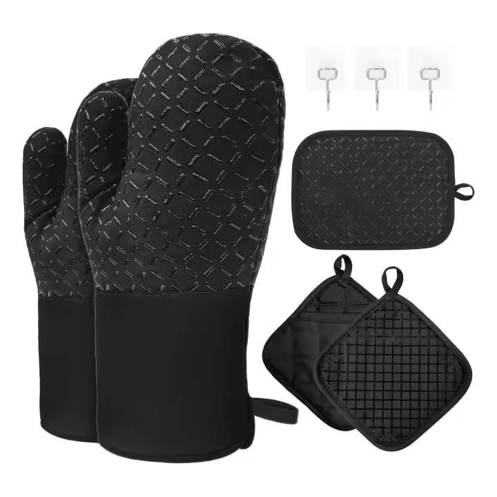 Juego de Manoplas y AGARRADERAS PARA Horno, Guantes para Horno de Algodón Resistentes al Calor de 300 ℃, Guantes Largos with Silicona Antideslizante, Guantes de Cocina para Cocina, Hornear, Cacerola - 1