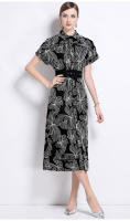 Vestido De Verano Para Mujer Con Manga Corta Y Estampado Collar De Enrollado Con Cinturón A-Line Midi Casual De Poliéster - details 2