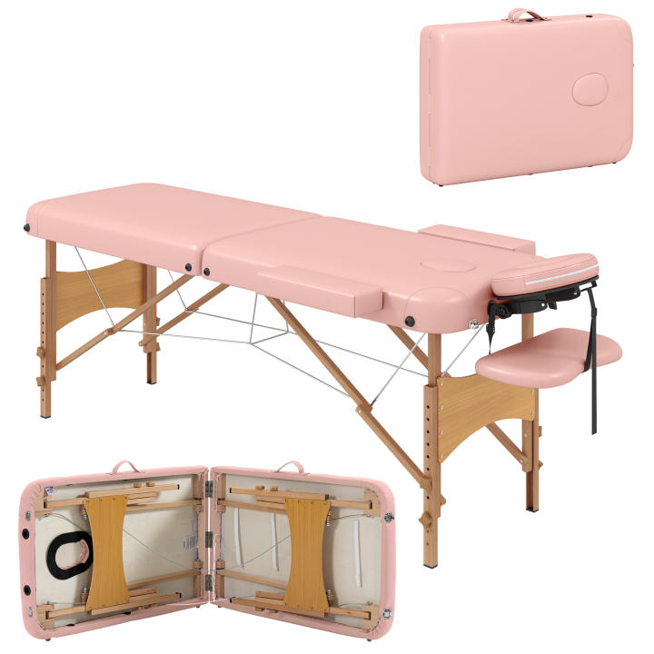 Homcom folding massage table 210x81 cm professional aesthetic table with removable headrest 2 zones wooden handle and frame with adjustable height and pink carrying bag