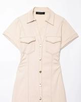 Vestido Largo De Denim Plegado TRAF Para Mujer Estilo Casual Cintura Natural Manga Corta Cierre Único Vestidos De Calle - details 3